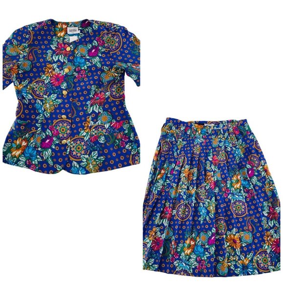 Vintage Floral Blazer & Skirt Set By Classics By Leslie Fay Size 8 Petite - Picture 1 of 11